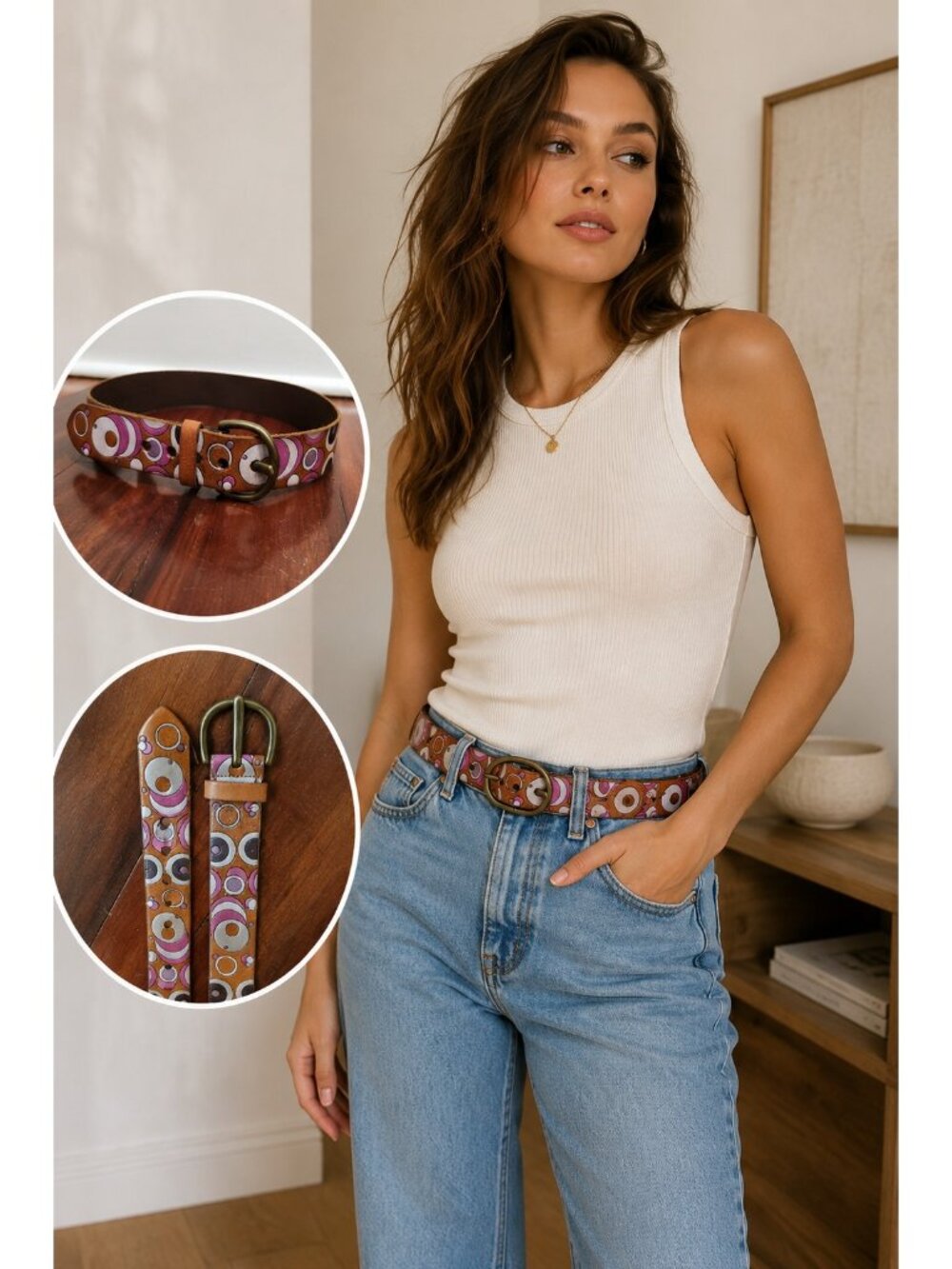 Vintage Genuine Leather Women Belt Brown Pink Retro Circle Print Brass Buckle S